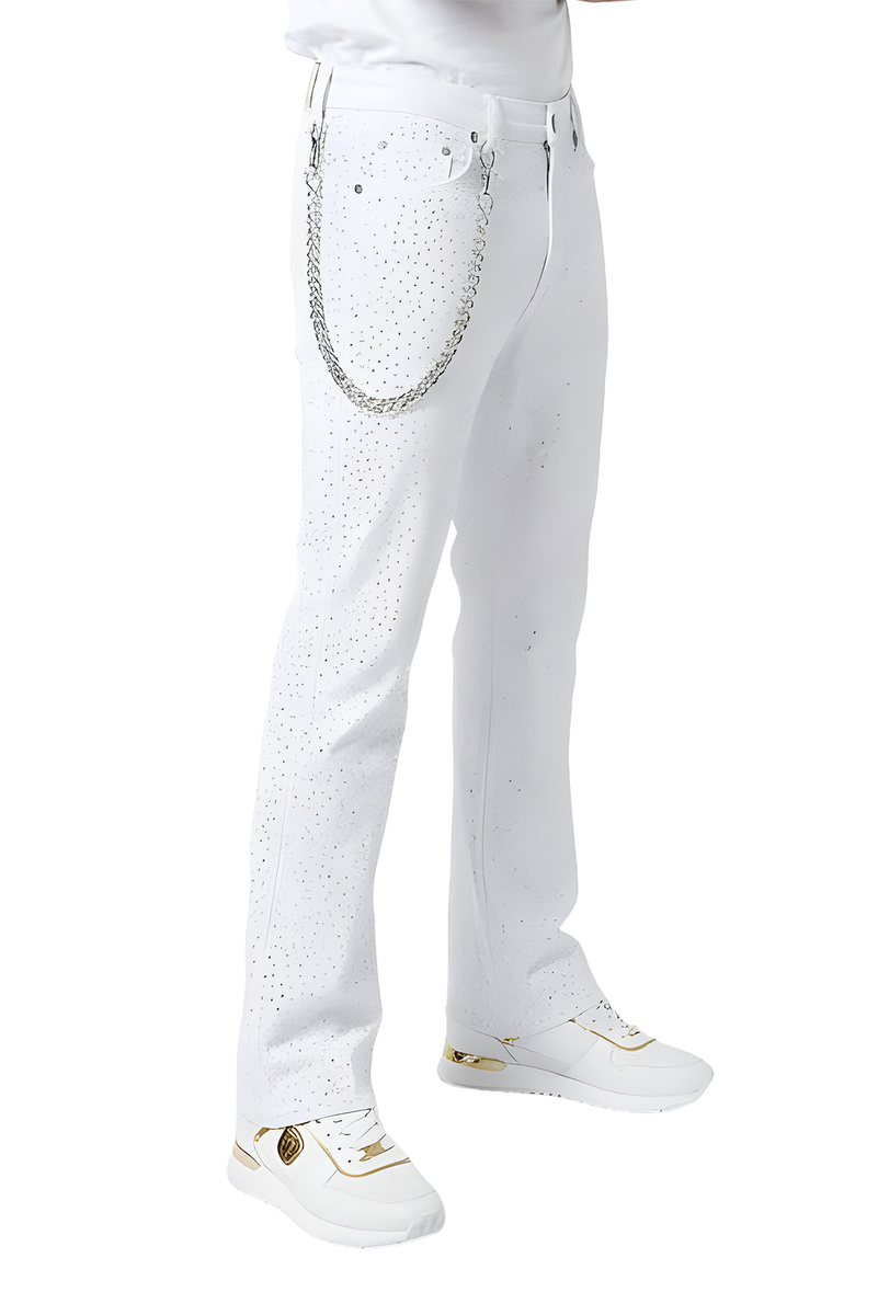 Blind Trust Rhinestone White Stacked Jeans with Chain