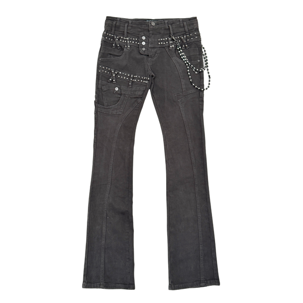 Gunzini Black Cargo with Zipper Flare Jeans with Bead Chain