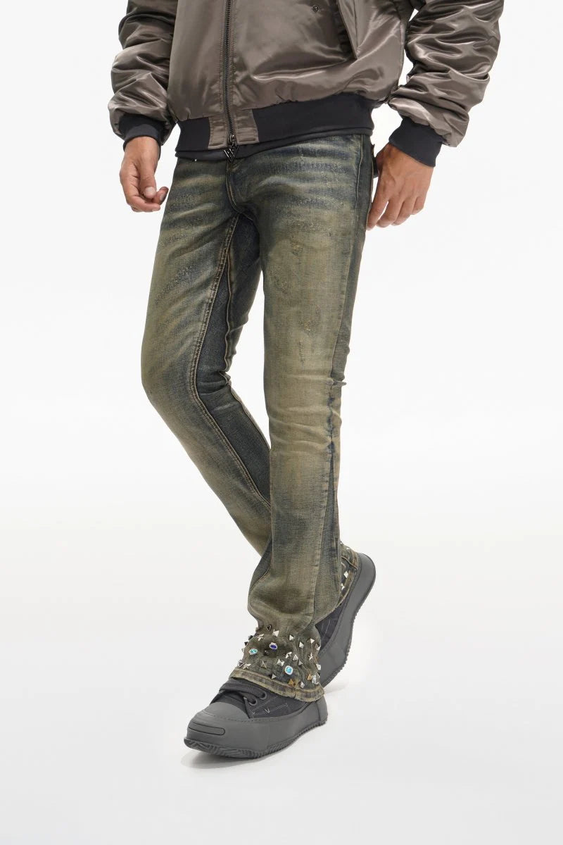 Valabasas "Ion" Waxed Stacked Flare Studded Jeans