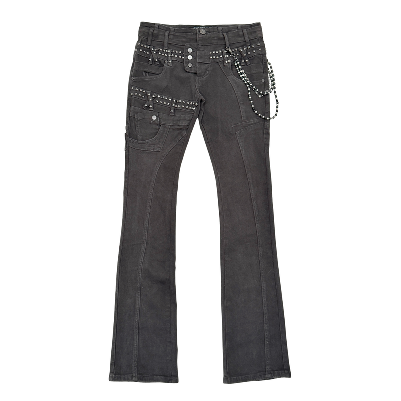 Gunzini Black Cargo with Zipper Flare Jeans with Bead Chain