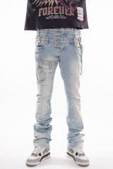 Gunzini Denim Light Blue Rhinestone Flare Jeans with Bead Chain