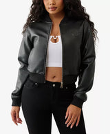 True Religion Women's Crop Polyurethane Bomber Jacket - Jet Black