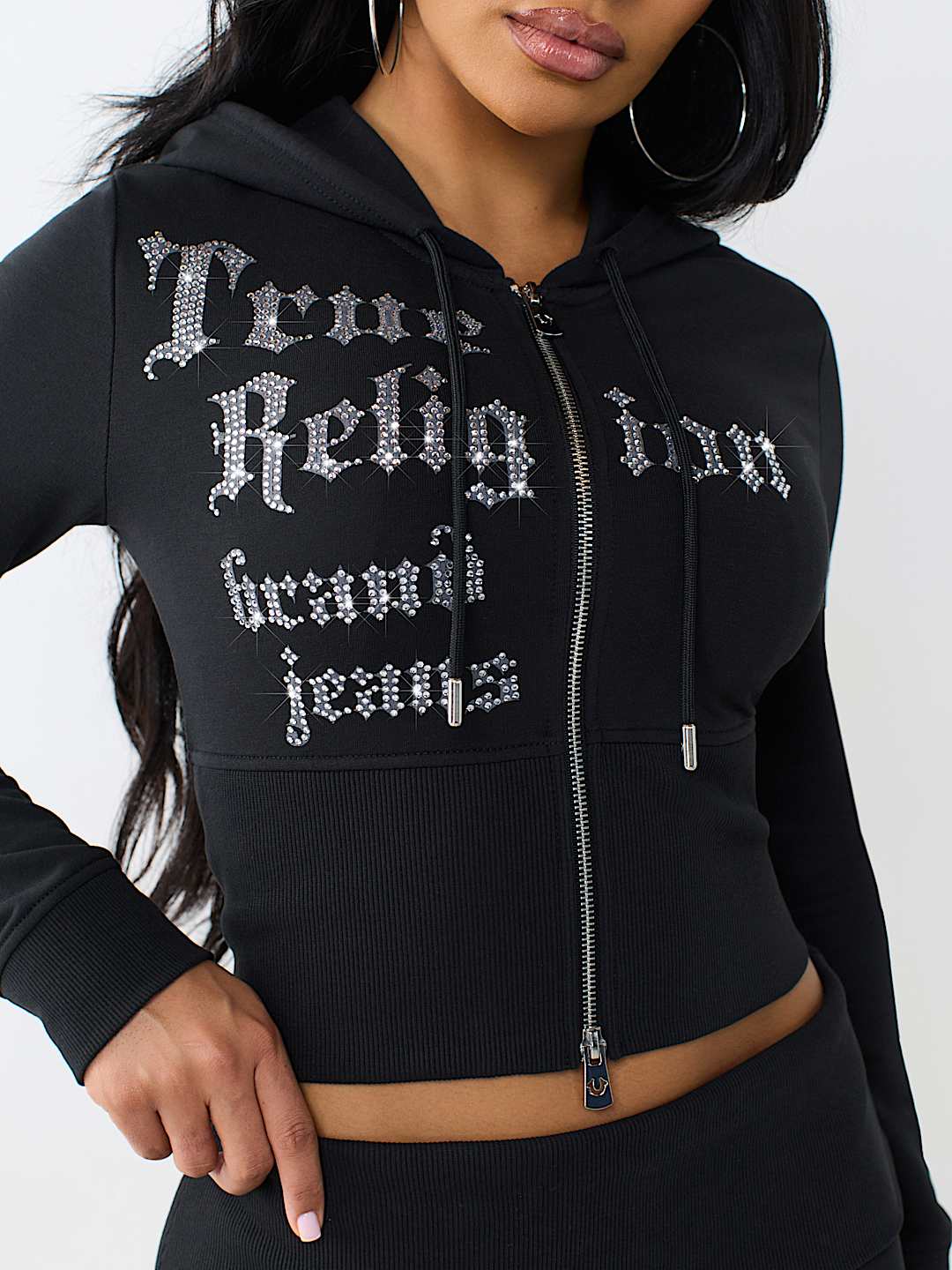 True Religion Women's Crystal Tight Zip Hoodie & Foldover Waistband Short Set