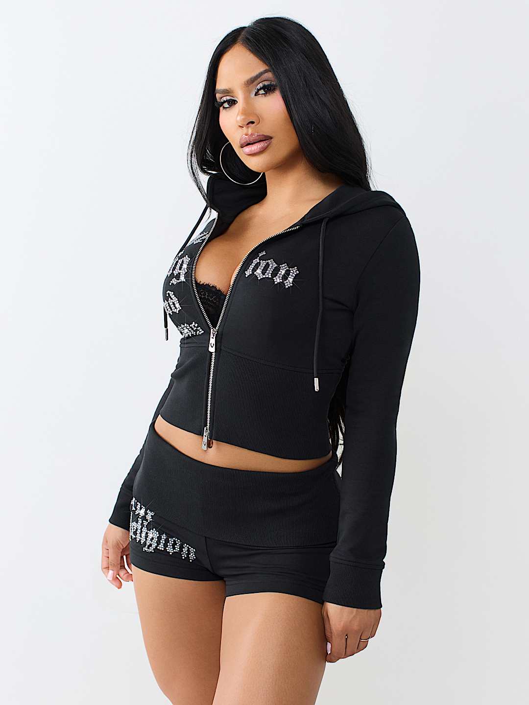 True Religion Women's Crystal Tight Zip Hoodie & Foldover Waistband Short Set