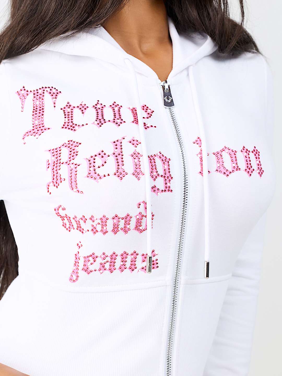 True Religion Women's Crystal Tight Zip Hoodie & Foldover Waistband Short Set