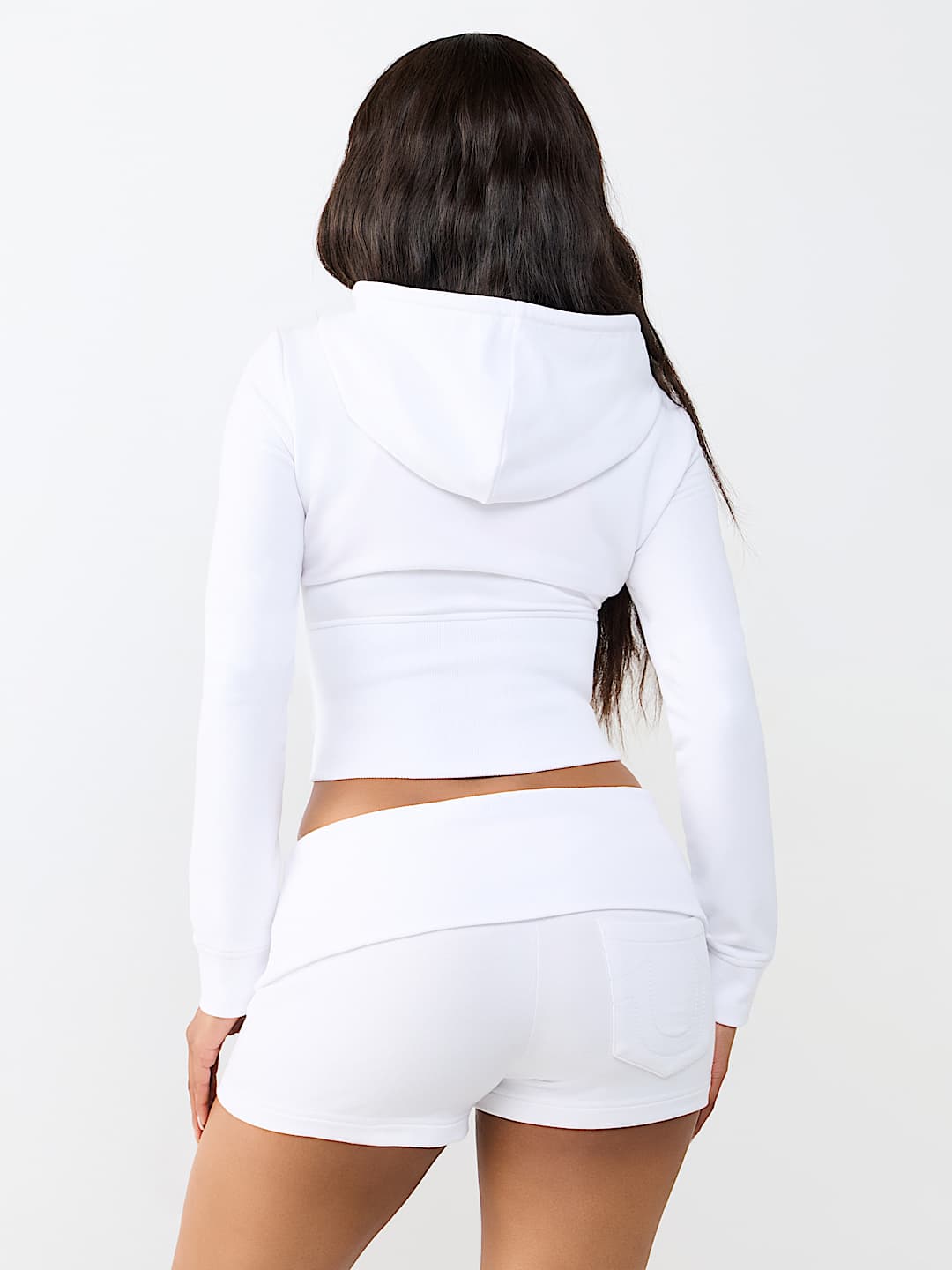 True Religion Women's Crystal Tight Zip Hoodie & Foldover Waistband Short Set
