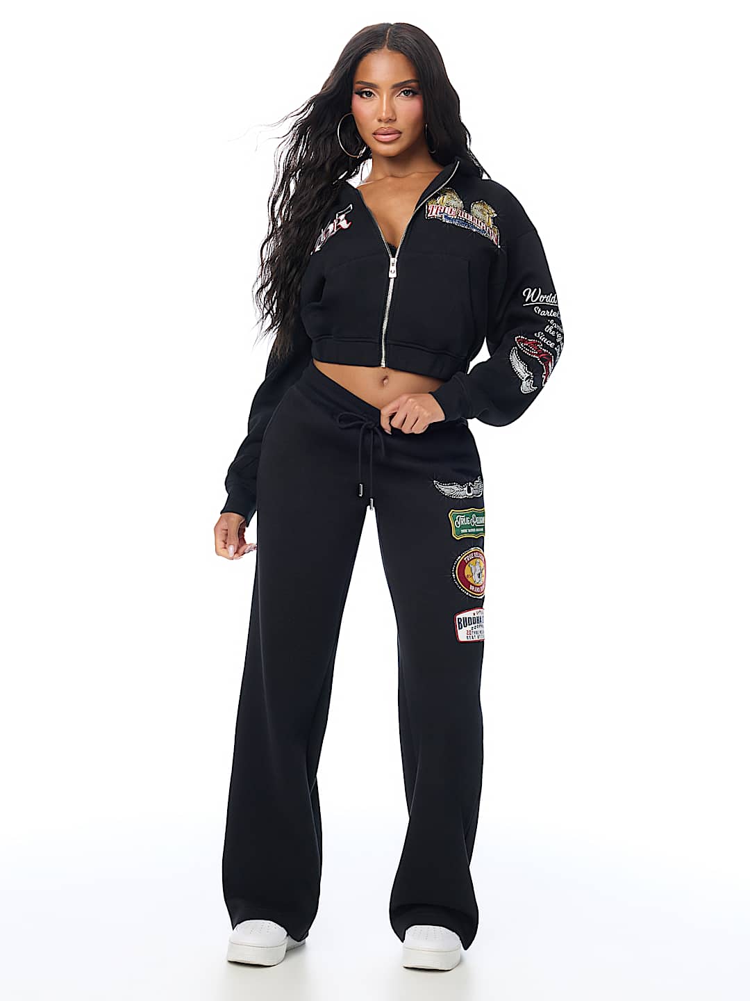 True Religion Women's Crystal Varsity Relax Zip up Jogging Suit