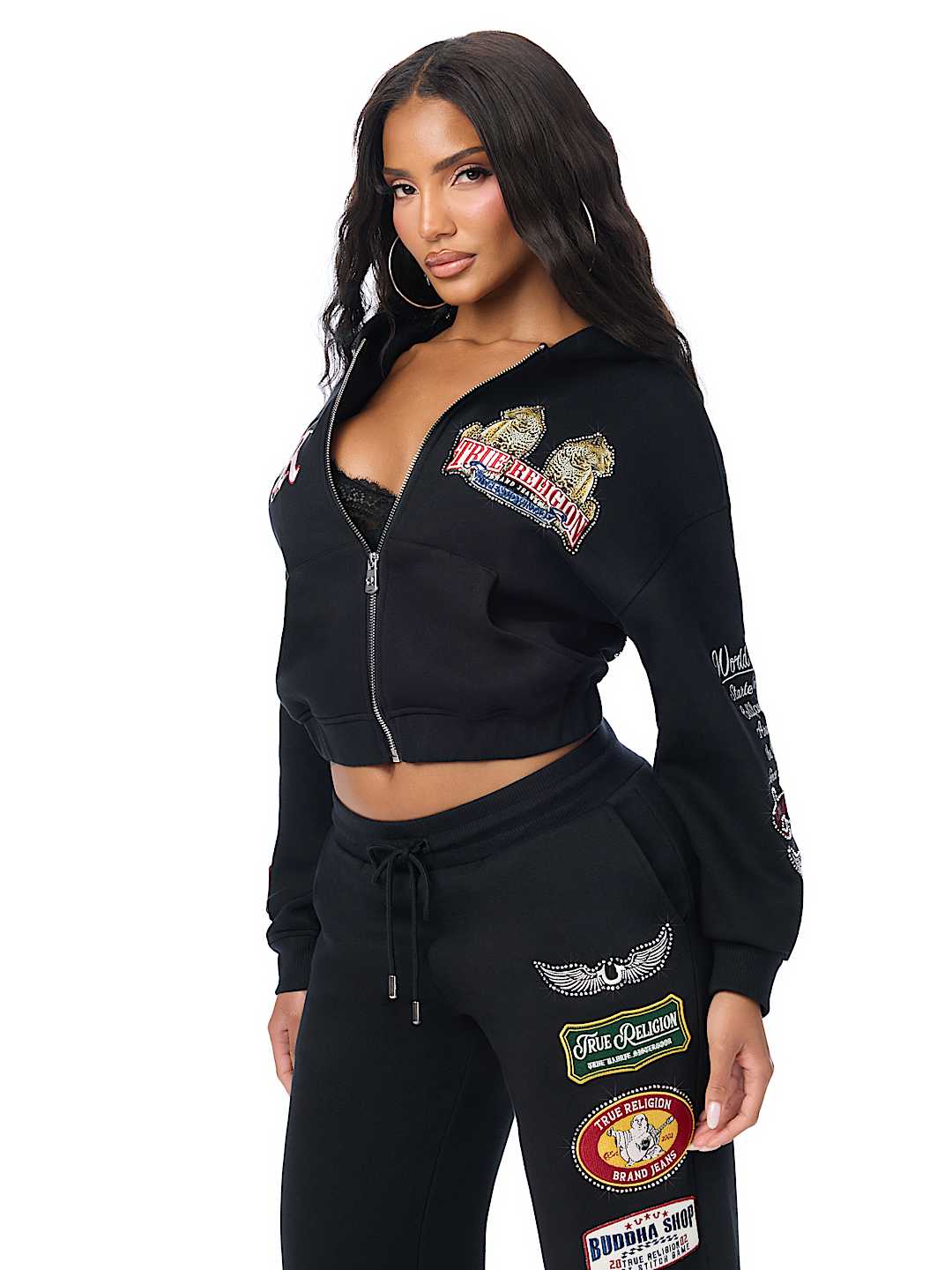 True Religion Women's Crystal Varsity Relax Zip up Jogging Suit