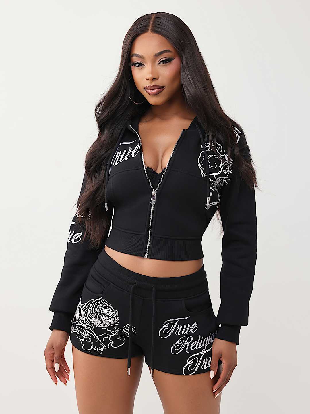 True Religion Women's Embroidered Tiger Shrunken Zip Hoodie & Joey Low Rise Shorts
