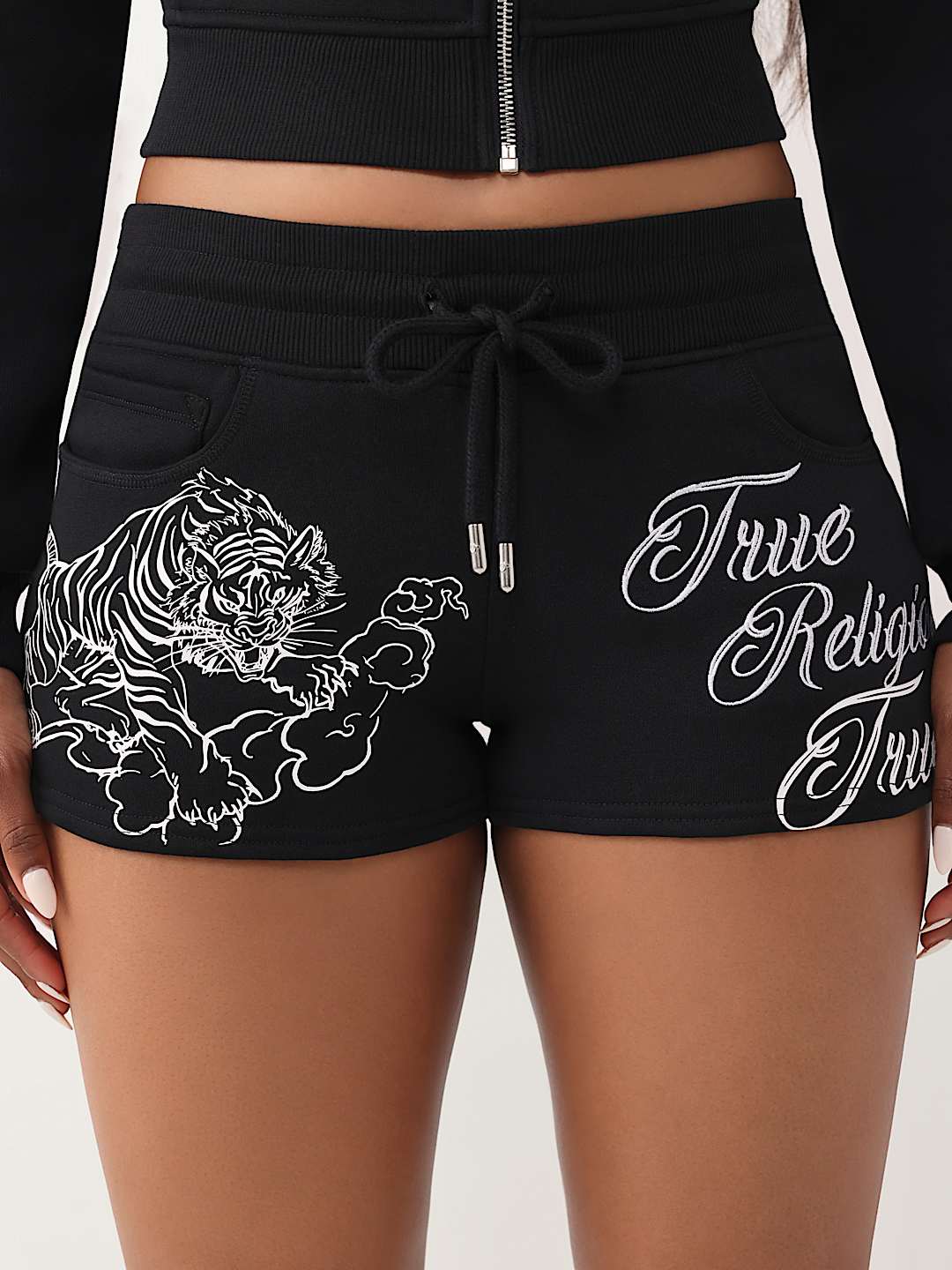 True Religion Women's Embroidered Tiger Shrunken Zip Hoodie & Joey Low Rise Shorts