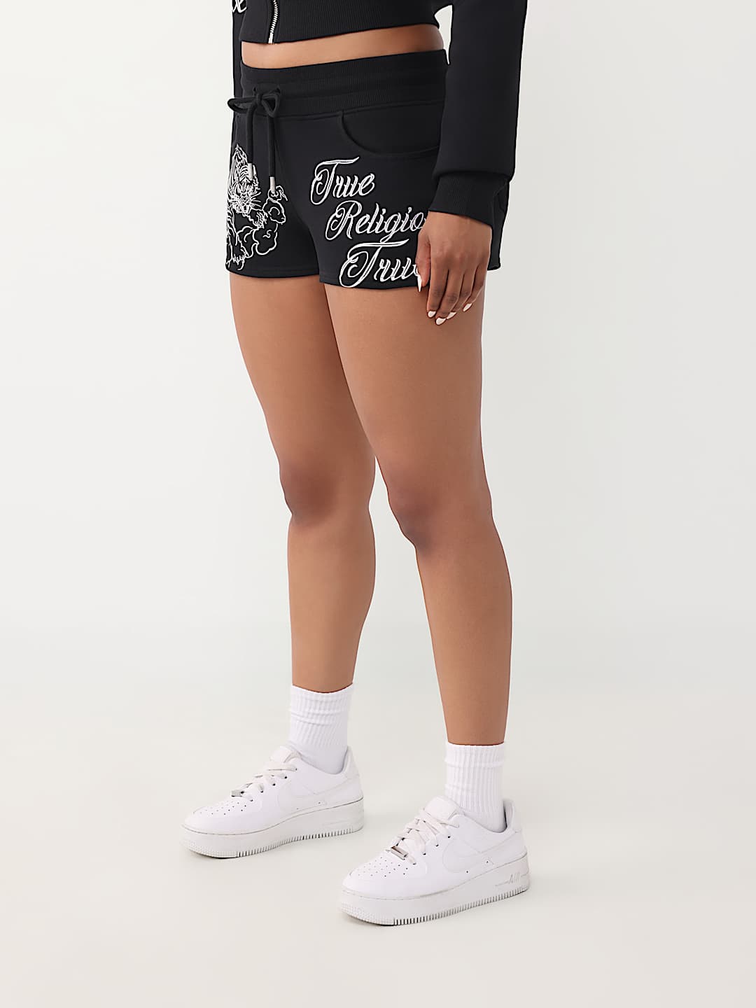 True Religion Women's Embroidered Tiger Shrunken Zip Hoodie & Joey Low Rise Shorts