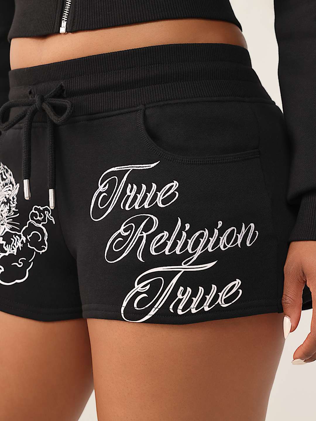 True Religion Women's Embroidered Tiger Shrunken Zip Hoodie & Joey Low Rise Shorts