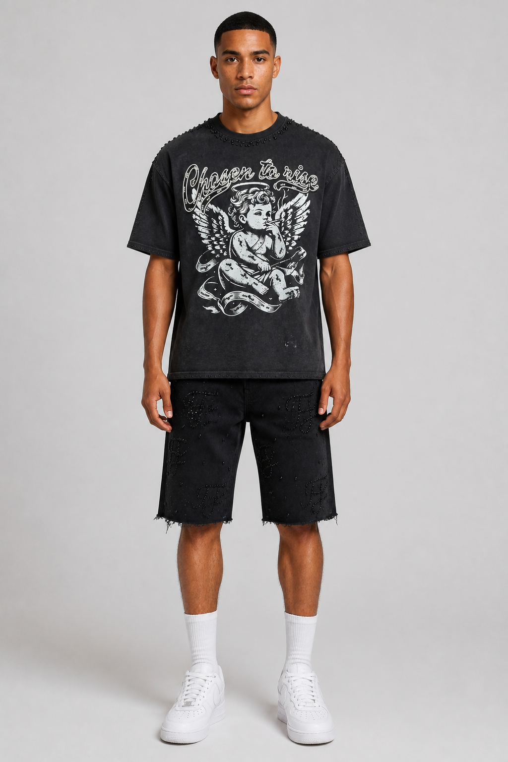 Focus Rhinestone Ripped Hem Jean Shorts