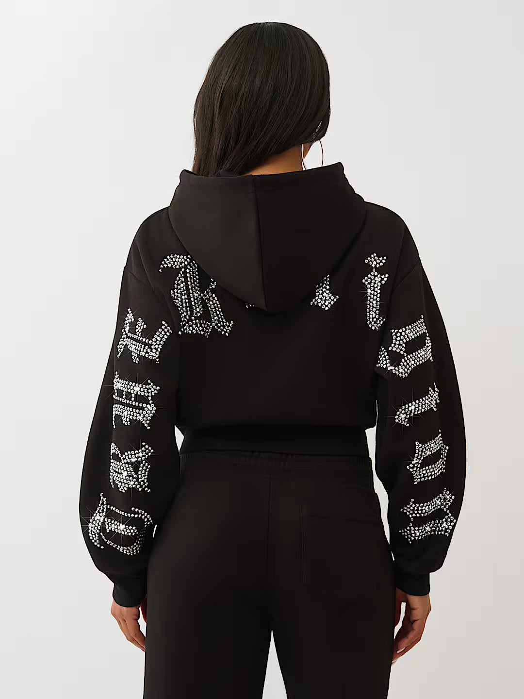 True Religion Women's Crystal Logo Cropped Zip Hoodie & Crystal Script Wide Leg Sweatpants - Jet Black