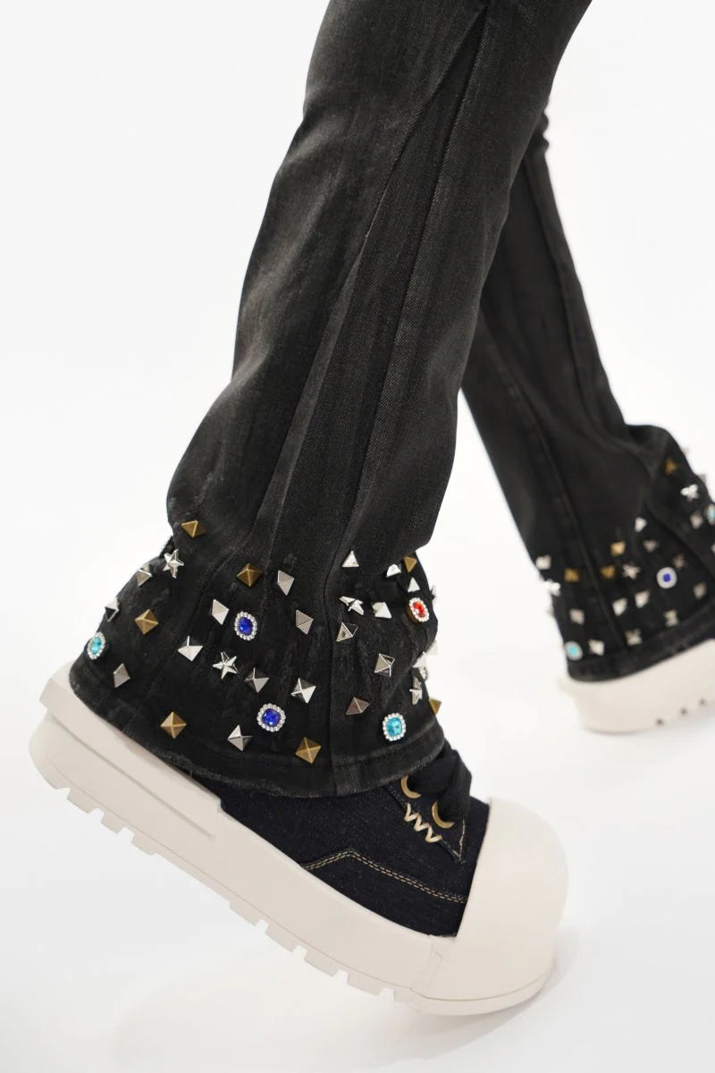 Valabasas "Ion" Waxed Stacked Flare Studded Jeans