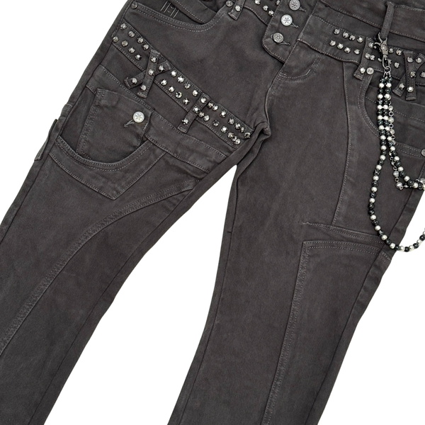 Gunzini Black Cargo with Zipper Flare Jeans with Bead Chain