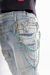 Gunzini Denim Light Blue Rhinestone Flare Jeans with Bead Chain
