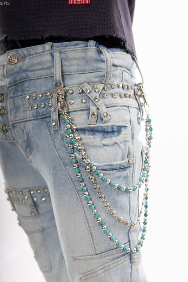 Gunzini Denim Light Blue Rhinestone Flare Jeans with Bead Chain
