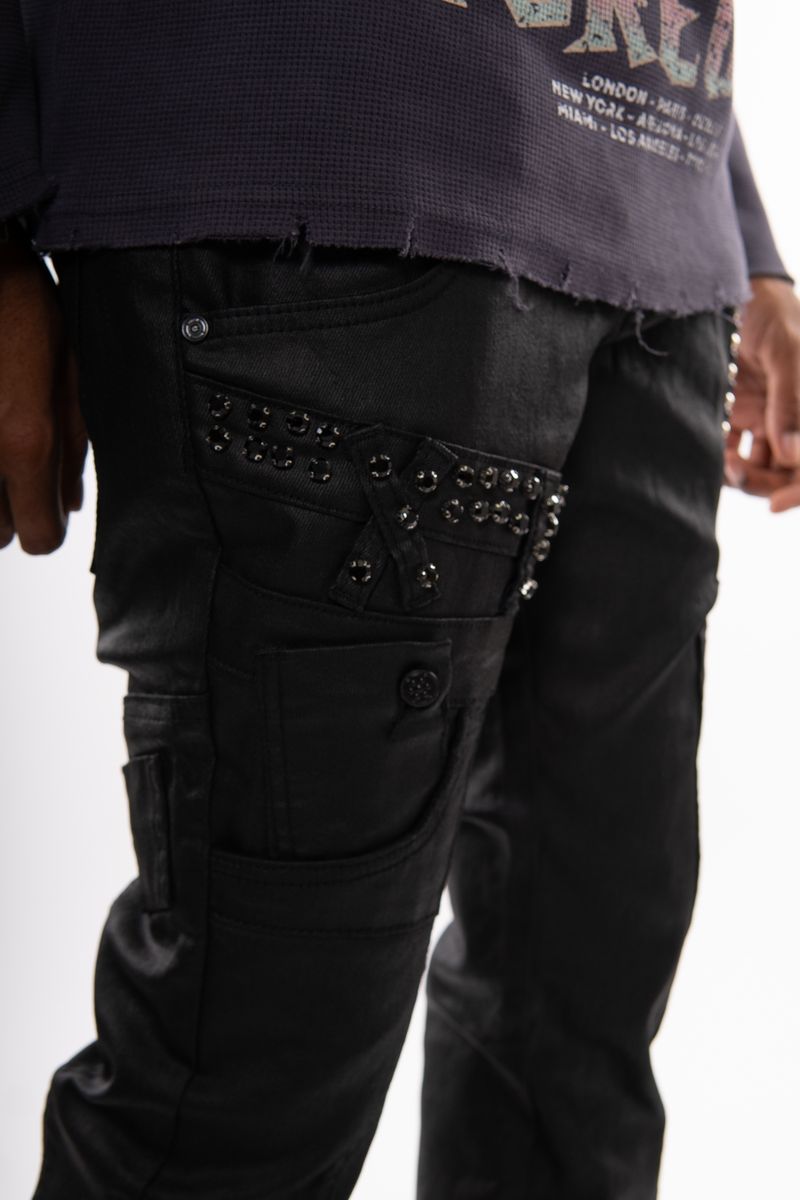 Gunzinii Coated Black Boot Cut Jean with Chain