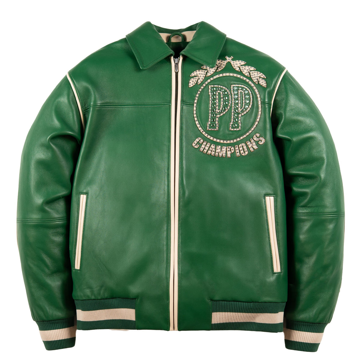Pelle Pelle "Champions" Rhinestone Leather Jacket - Jet Green/Ivory