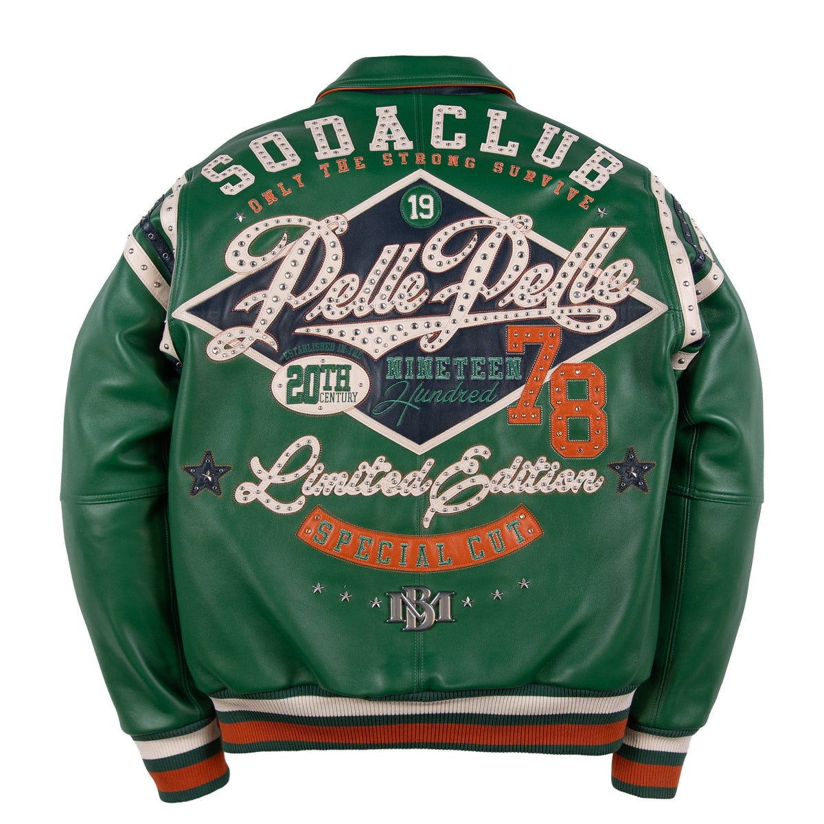 Pelle Pelle Men's "Only The Strong" Rhinstones & Studs Leather Jacket - Jet Green