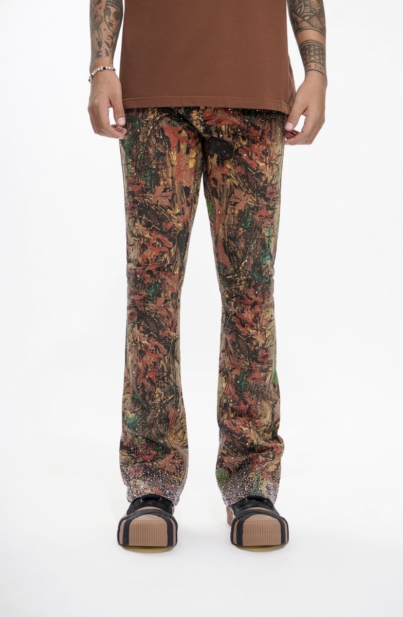 Valabasas "Recon" Rhinestone Stacked Jeans - Leaf Camo
