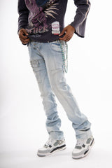 Gunzini Denim Light Blue Rhinestone Flare Jeans with Bead Chain