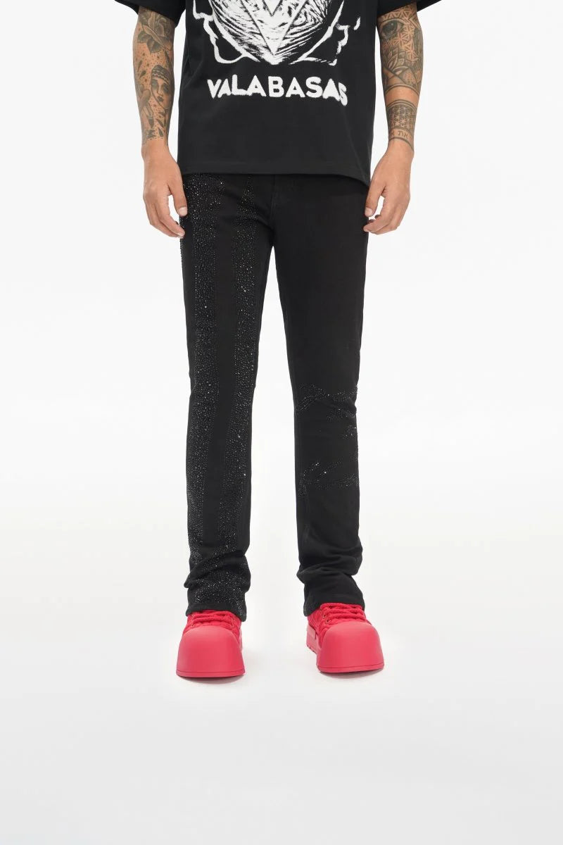 Valabasas "Scripted" Black Stacked Rhinestone Flare Jeans
