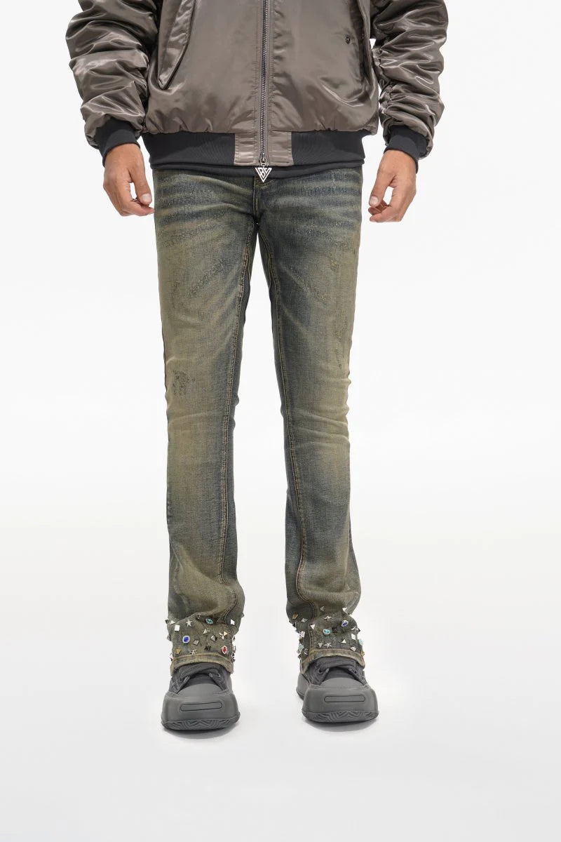 Valabasas "Ion" Waxed Stacked Flare Studded Jeans