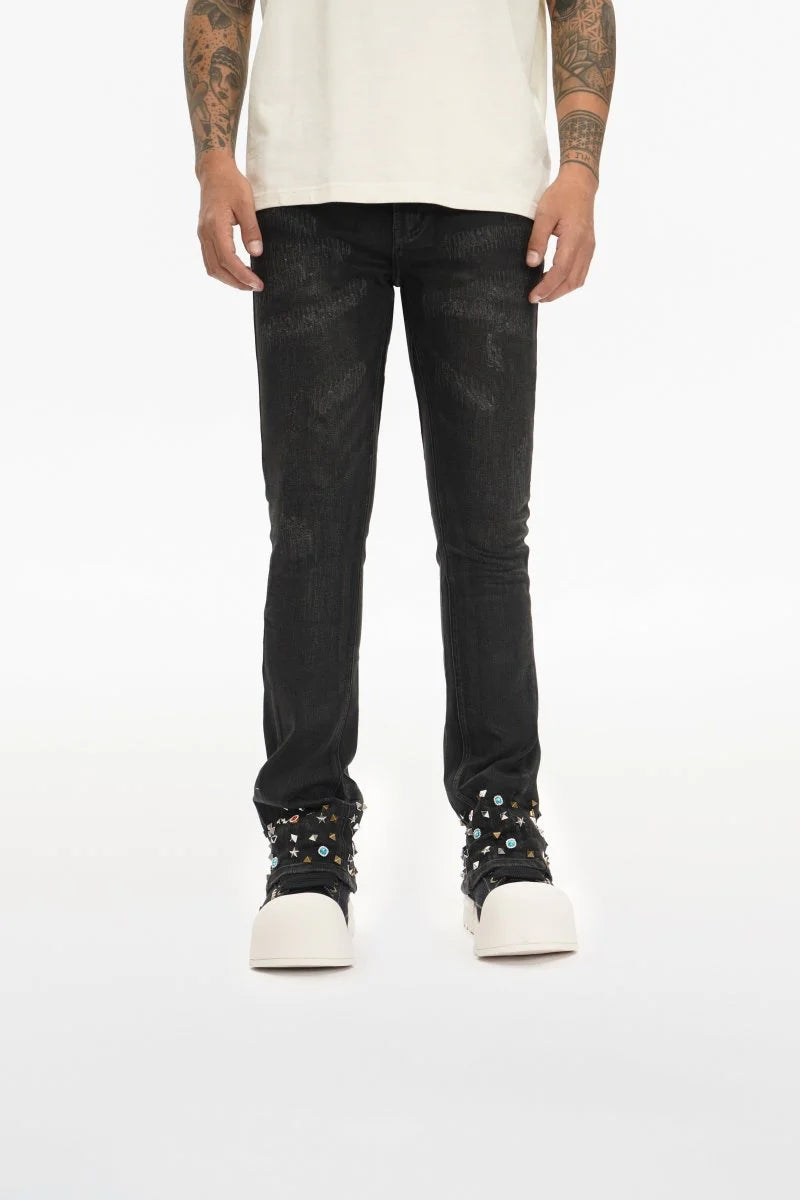 Valabasas "Ion" Waxed Stacked Flare Studded Jeans