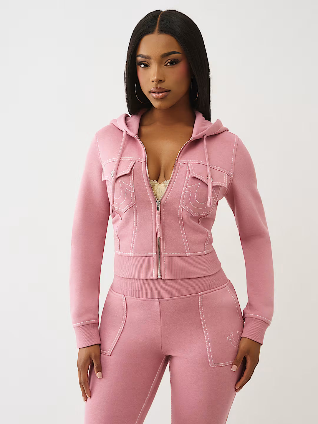 True Religion Women's Big T Shrunken Zip Hoodie & Big T Flared Sweatpants - Nostalgia Rose