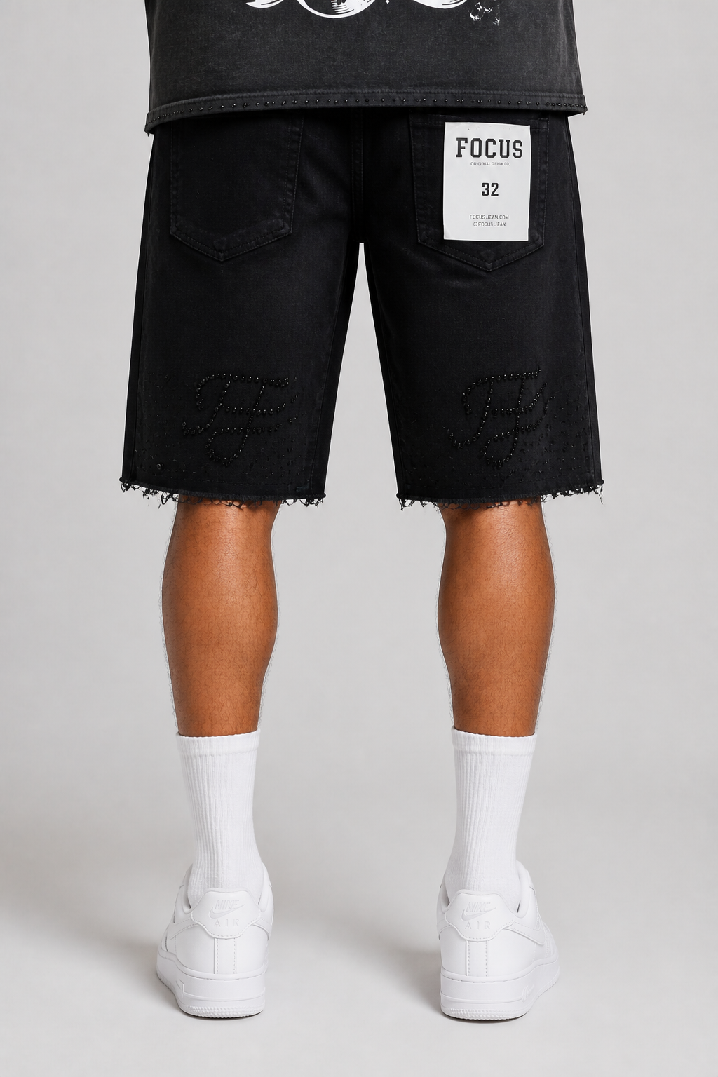 Focus Rhinestone Ripped Hem Jean Shorts