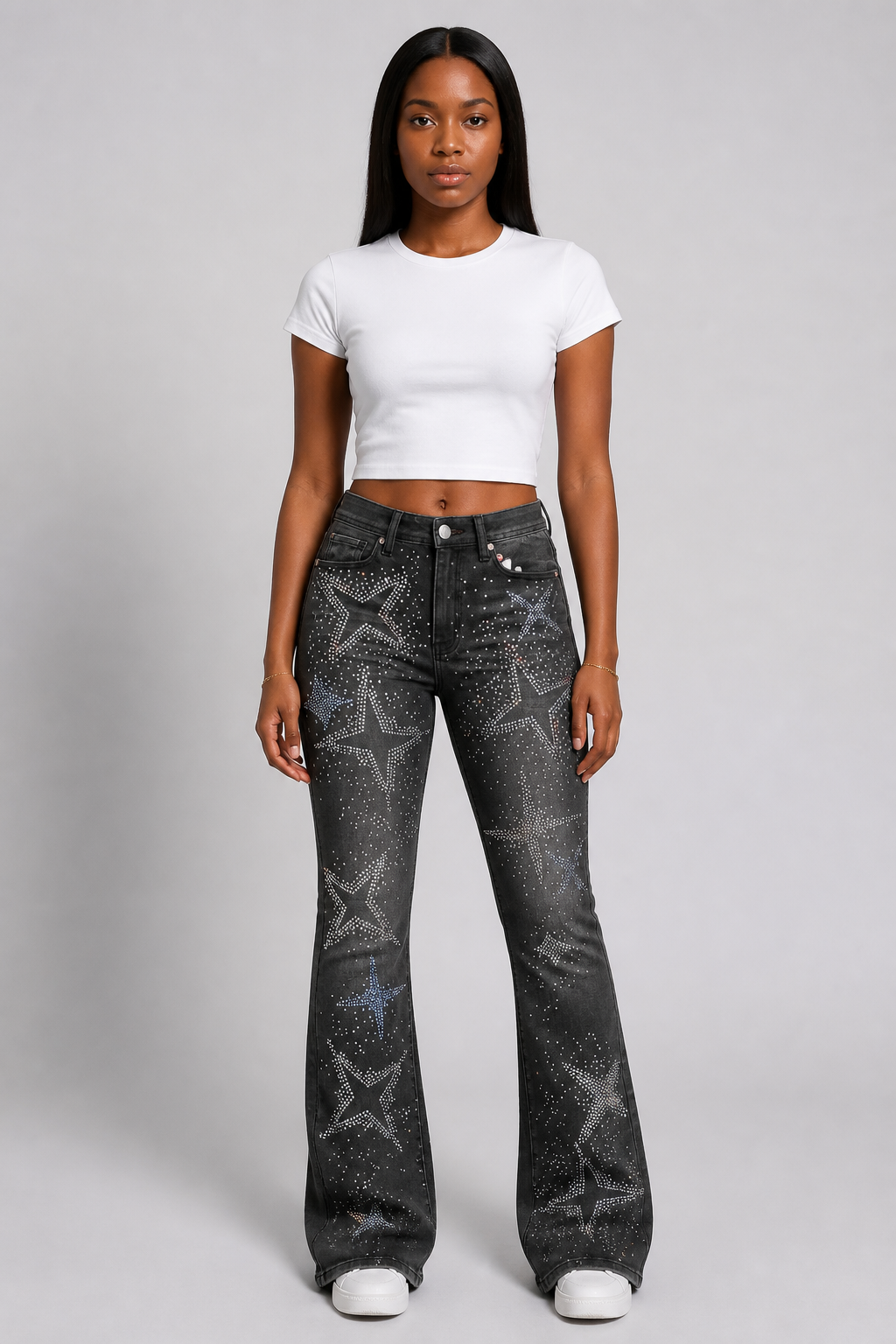 Red Fox Start Rhinestone Stacked Denim Pants