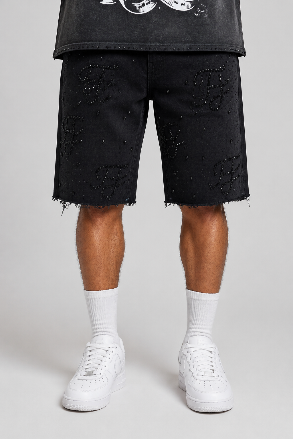 Focus Rhinestone Ripped Hem Jean Shorts