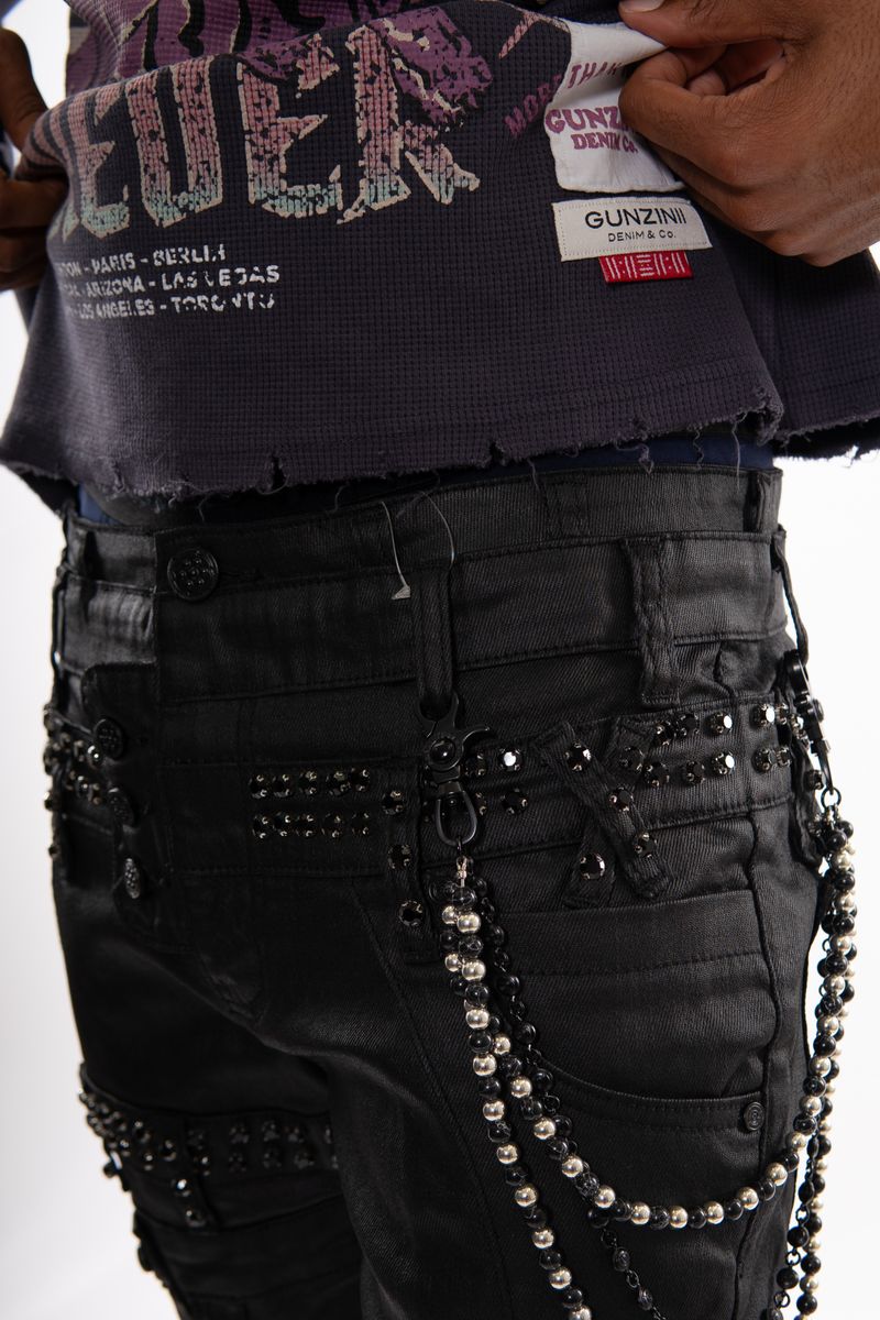 Gunzinii Coated Black Boot Cut Jean with Chain