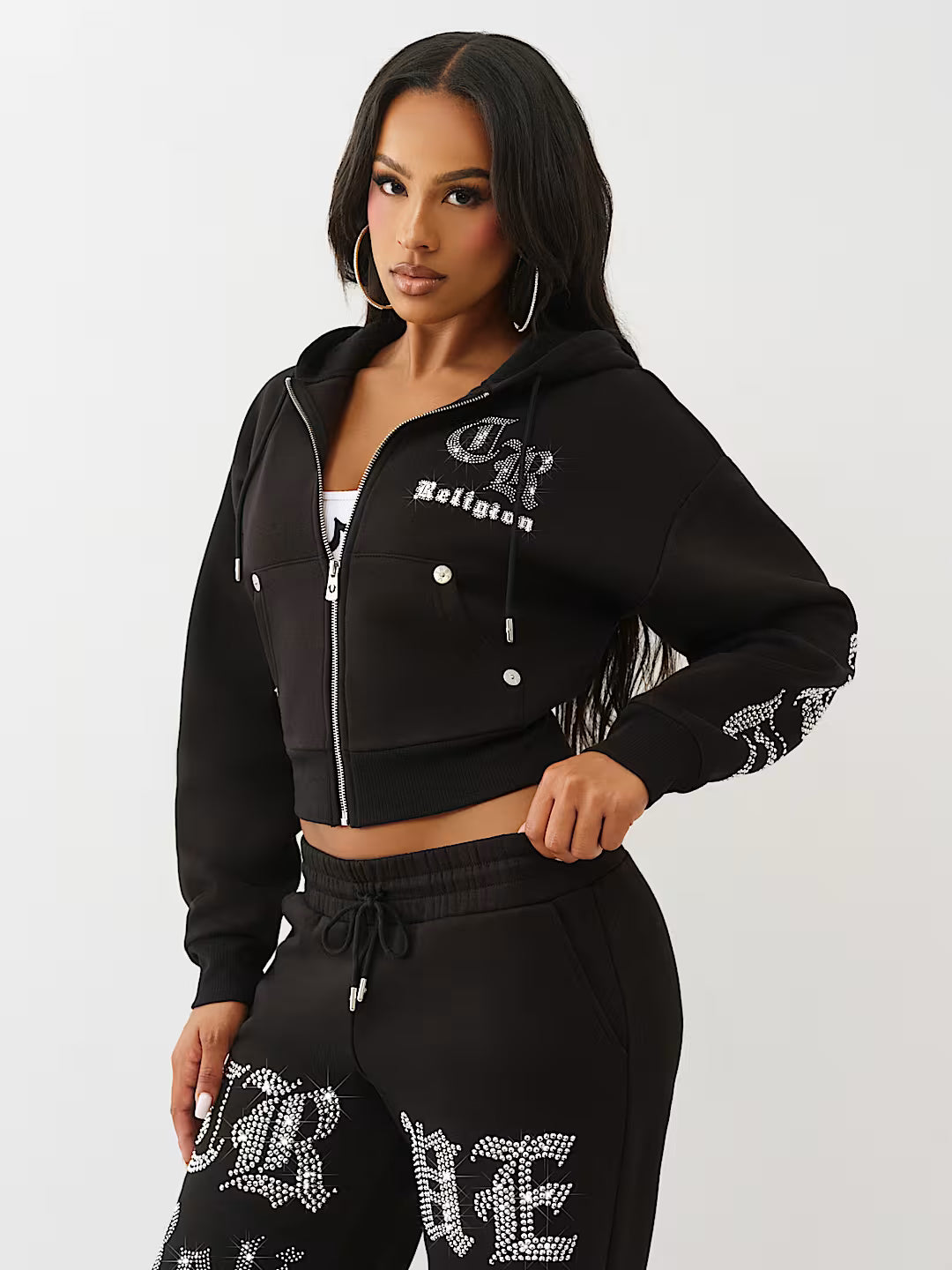 True Religion Women's Crystal Logo Cropped Zip Hoodie & Crystal Script Wide Leg Sweatpants - Jet Black