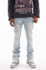 Gunzini Denim Light Blue Rhinestone Flare Jeans with Bead Chain