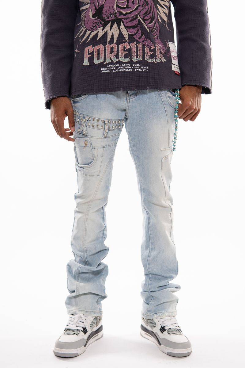 Gunzini Denim Light Blue Rhinestone Flare Jeans with Bead Chain