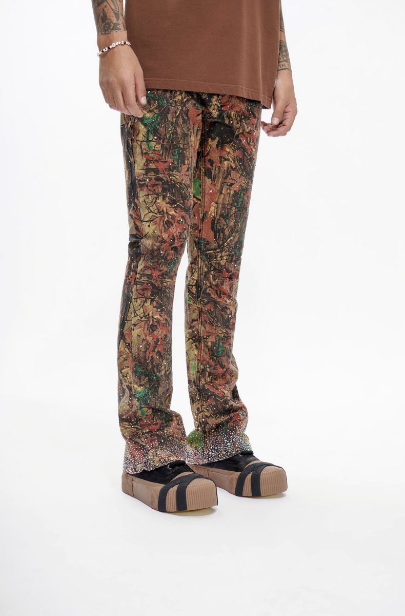 Valabasas "Recon" Rhinestone Stacked Jeans - Leaf Camo