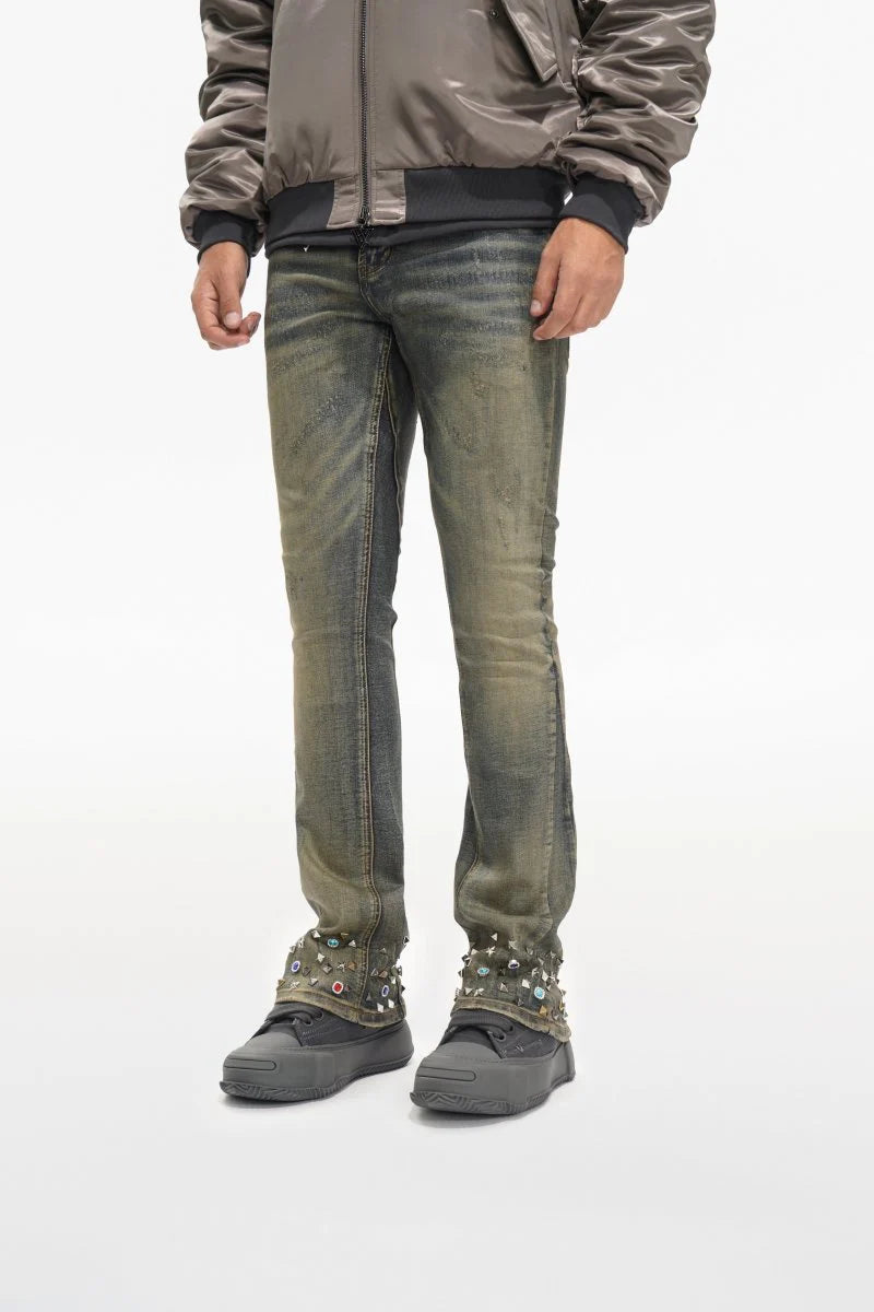 Valabasas "Ion" Waxed Stacked Flare Studded Jeans