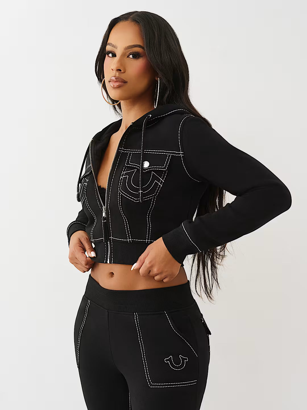 True Religion Women's Big T Shrunken Zip Hoodie & Big T Flared Sweatpants - Jet Black