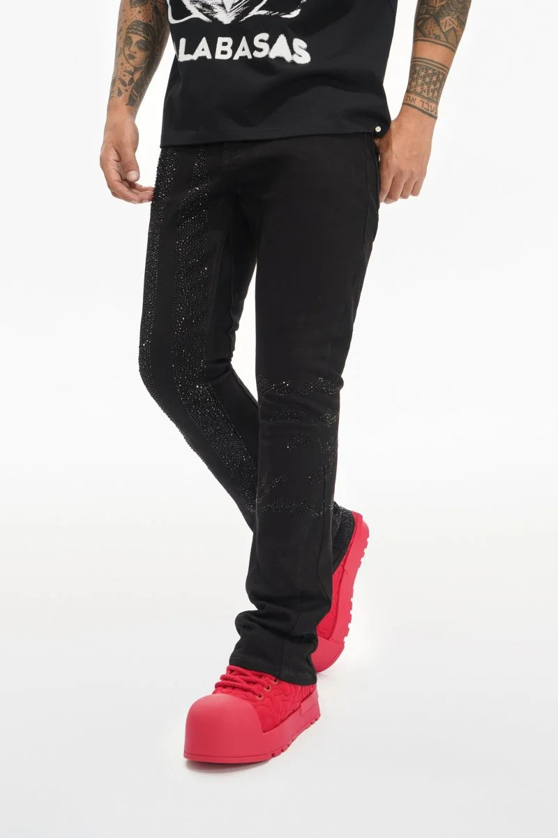 Valabasas "Scripted" Black Stacked Rhinestone Flare Jeans