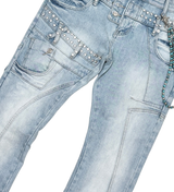 Gunzini Denim Light Blue Rhinestone Flare Jeans with Bead Chain