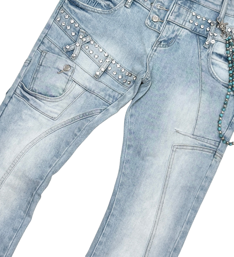 Gunzini Denim Light Blue Rhinestone Flare Jeans with Bead Chain