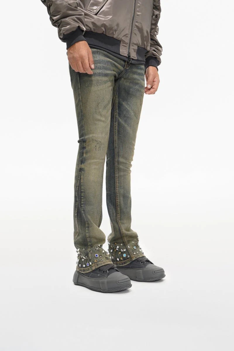 Valabasas "Ion" Waxed Stacked Flare Studded Jeans