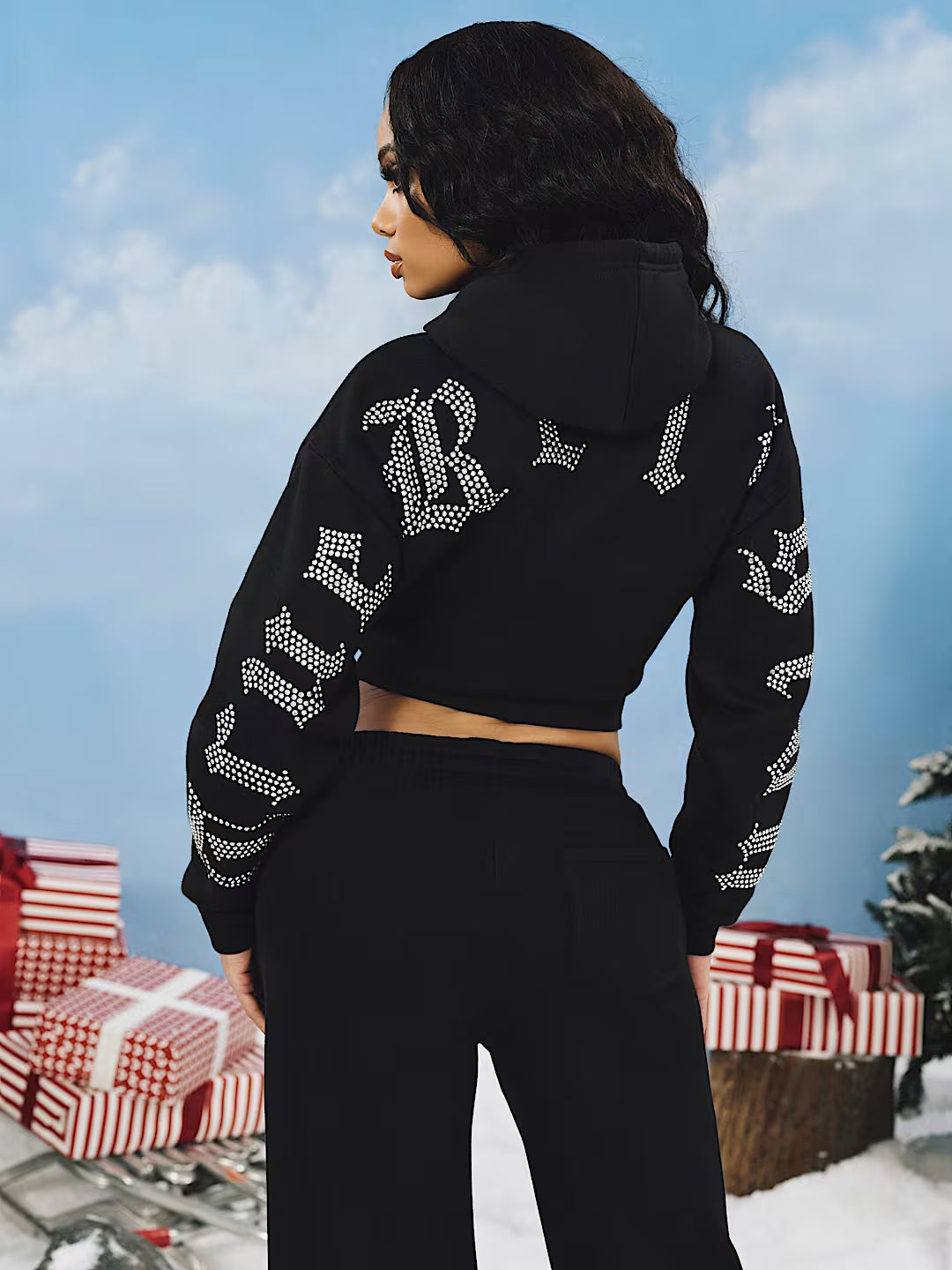 True Religion Women's Crystal Logo Cropped Zip Hoodie & Crystal Script Wide Leg Sweatpants - Jet Black