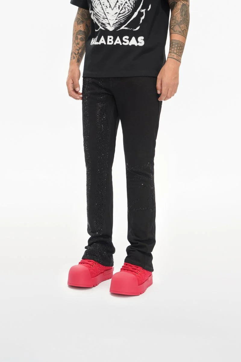 Valabasas "Scripted" Black Stacked Rhinestone Flare Jeans