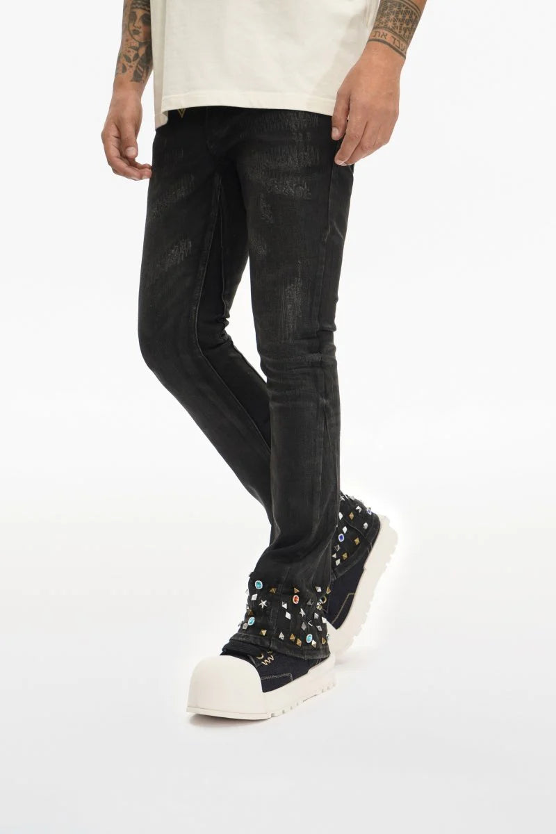 Valabasas "Ion" Waxed Stacked Flare Studded Jeans