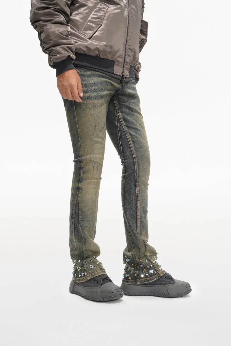 Valabasas "Ion" Waxed Stacked Flare Studded Jeans