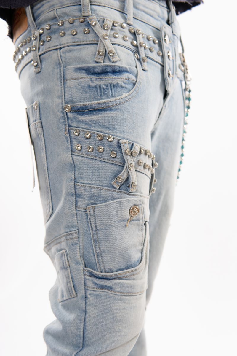 Gunzini Denim Light Blue Rhinestone Flare Jeans with Bead Chain